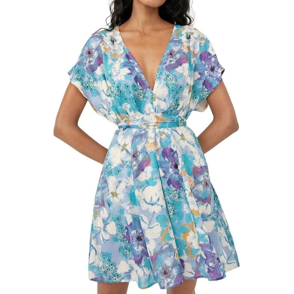 Free People Freddy Floral Print Tie Front Mini Dress In NightC Sz XS Petite